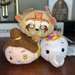 Disney Store Mini Tsum Tsum Beauty and the Beast Set of 3 Stuffed 3.5" Plush NWT